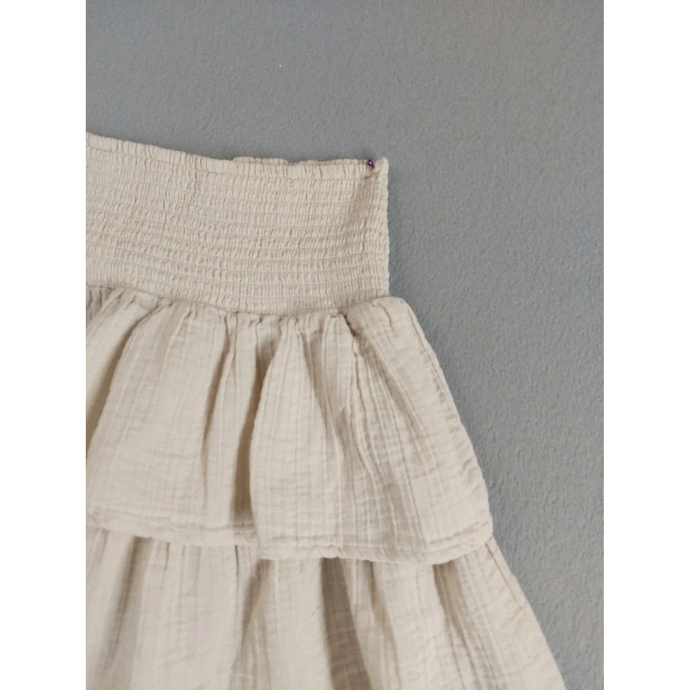 Universal Women Mini Skirt XS Beige 100% Cotton Tiered Ruffle Smocked Waist Boho